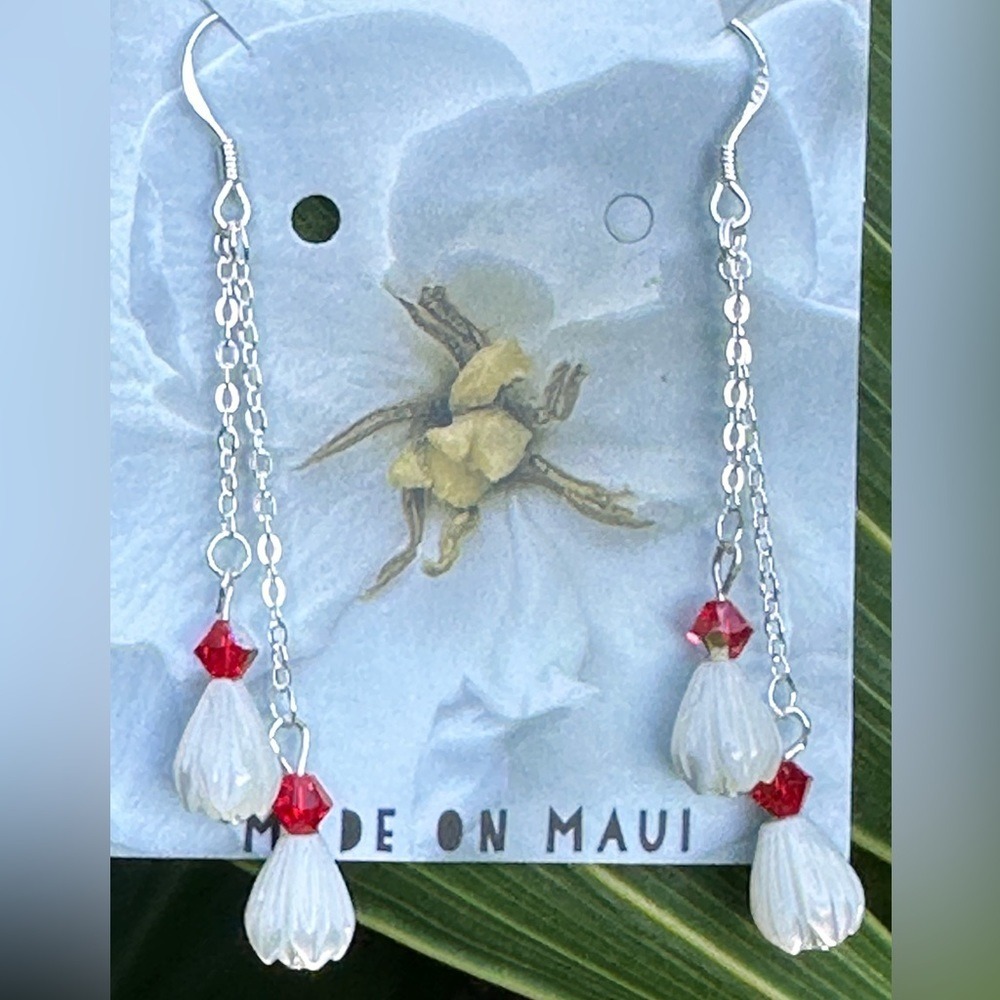 White Carved Mother of Pearl Shell Pikake Red Crystal Earrings Sterling Silver